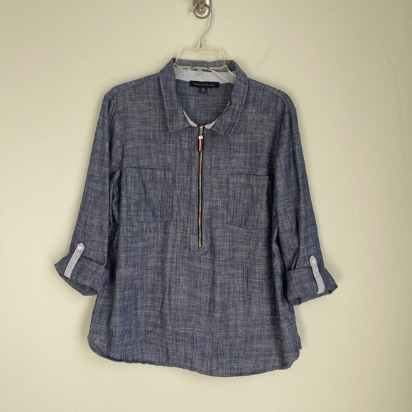 Tommy Hilfiger Blue Chambray Half Zip Roll Tab Sleeve Top - Picture 1 of 6